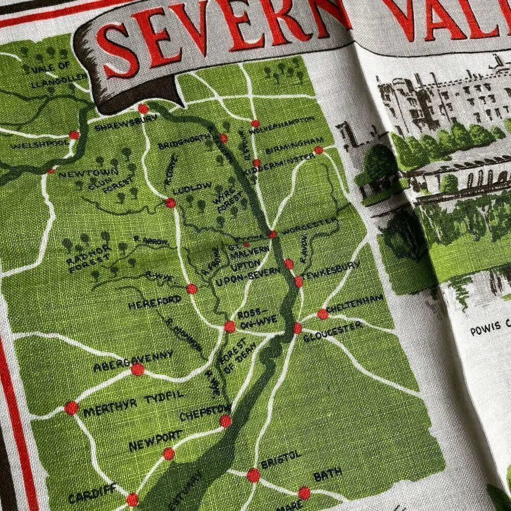 VTG Ulster Linen Tea Towel Severn Valley Map & Landmarks England 20x30